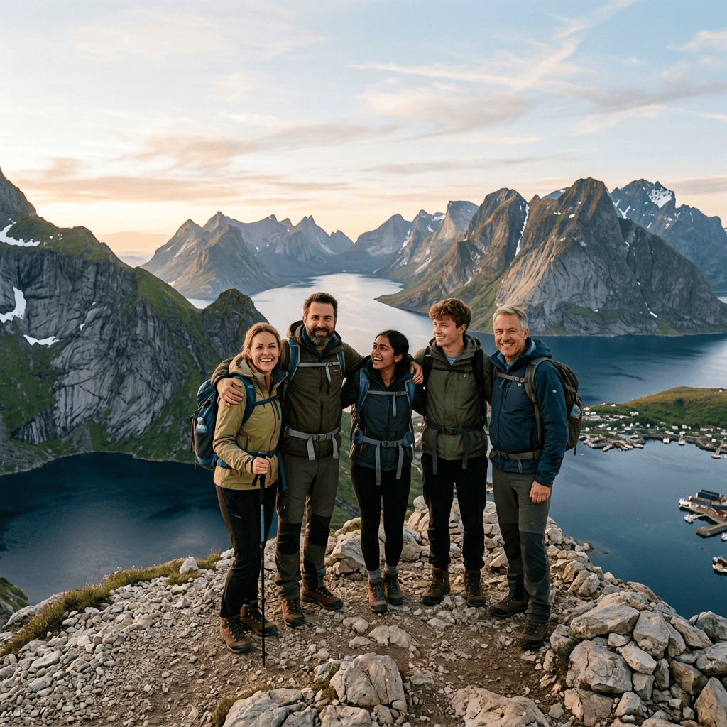 Five hikers pose beside signs reading “PASSO SELLA,” “Piz Ciavazes,” and “TEAMBUILDING SUCCESS.”