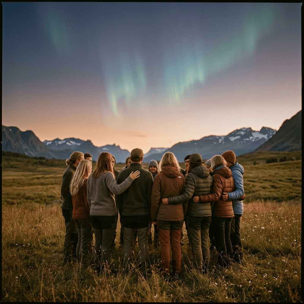Group of friends standing together beneath northern lights in a mountain valley